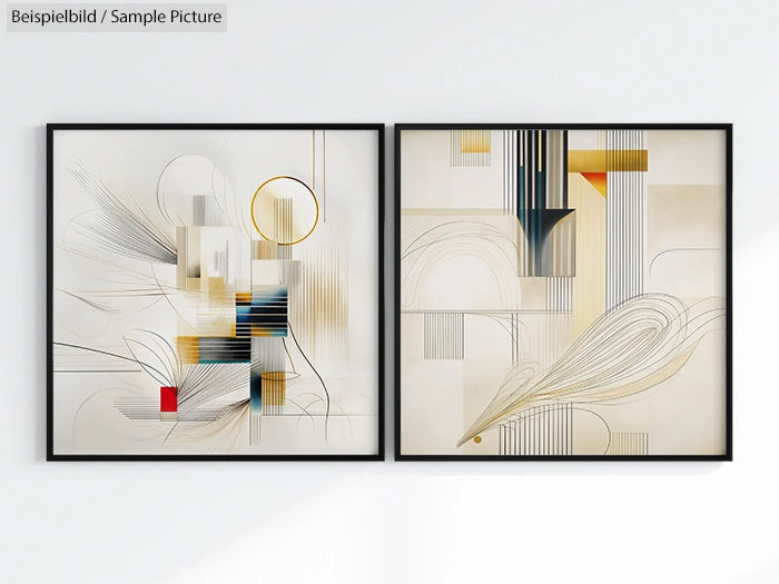 Pair of abstract geometric art pieces with lines and shapes in earthy tones, framed and displayed side by side.