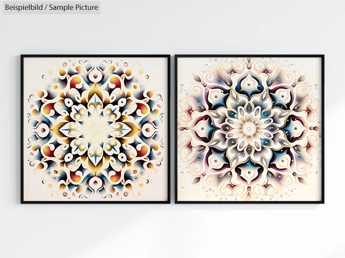 Two abstract paintings with intricate symmetrical patterns in vibrant colors, mounted side by side on a white wall.