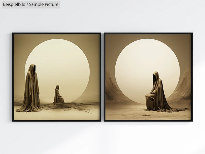 Two framed artworks depicting hooded figures in a desert landscape, with large circular backdrops.