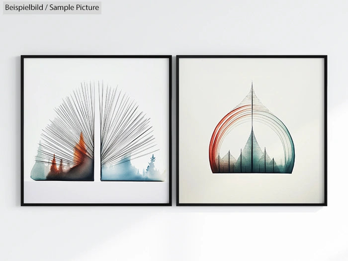 Two framed abstract artworks with circular geometric shapes and overlapping lines in gradient colors.