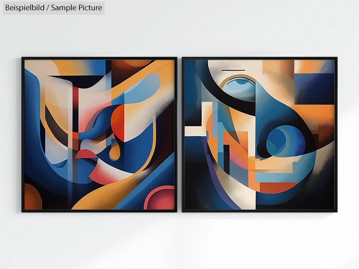 Two framed abstract paintings with geometric shapes in blue, orange, and beige hues, mounted on a white wall.