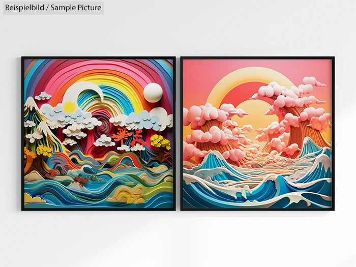 Two vibrant 3D paper art pieces; one with rainbow, clouds, sea, and trees, the other with pink sky and waves.