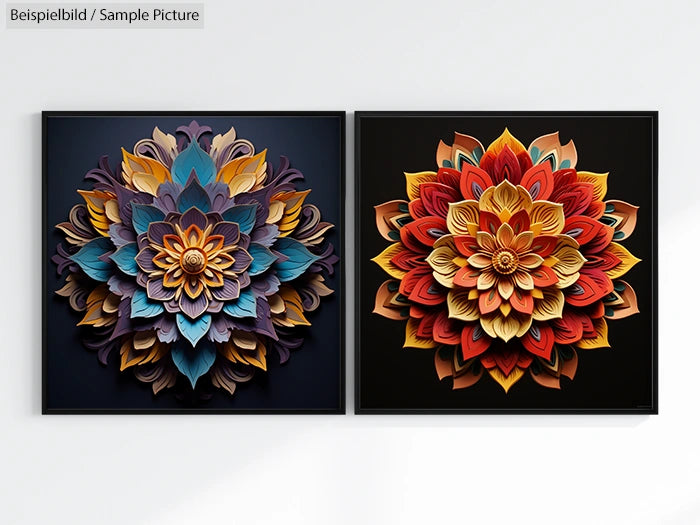 Two framed artworks featuring intricate paper cut flower designs in blue and red hues against a dark background.