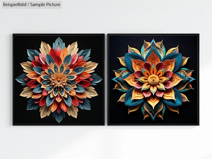 Two intricate mandala artworks with vibrant colors on a black background, each featuring layered petal-like designs.