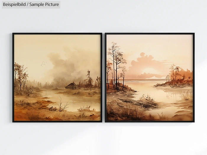 Two framed landscape paintings of serene lakeside views in warm sepia tones, with trees and a cottage.