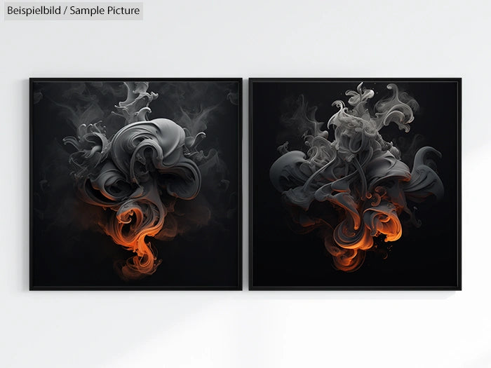 Two abstract paintings with swirling black, gray, and orange smoke-like patterns on a dark background.