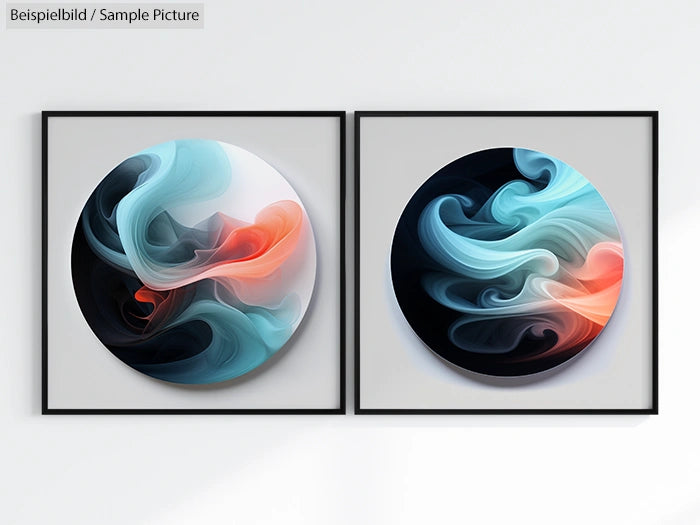 Two framed abstract artworks featuring swirling patterns in teal, orange, and black hues.