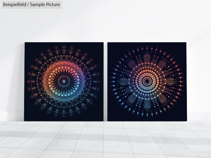 Two canvas prints with colorful, symmetrical mandala designs on a dark background, placed against a white wall.