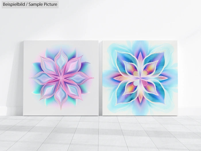 Two abstract mandala paintings with pink and blue hues on square canvases, displayed on a light-colored floor.