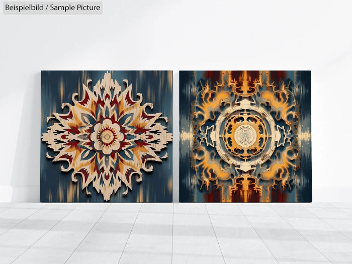 Two abstract paintings with intricate floral and geometric designs against a dark background on a gallery wall.