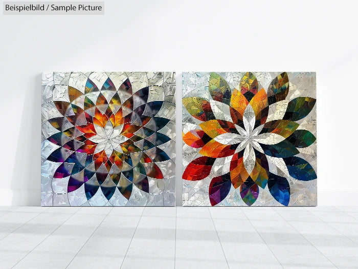 Two colorful geometric paintings with overlapping petal designs on a white wall.