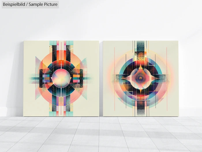 Two geometric abstract paintings with circular and linear patterns on a light wall.