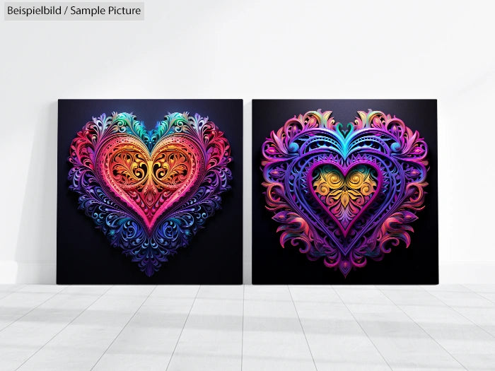 Two square artworks featuring intricate, rainbow-colored heart designs with swirling patterns on a dark background.