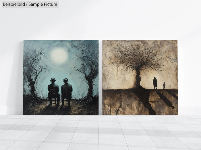 Two surrealist paintings depicting silhouettes under moonlit trees on a light-colored gallery wall.