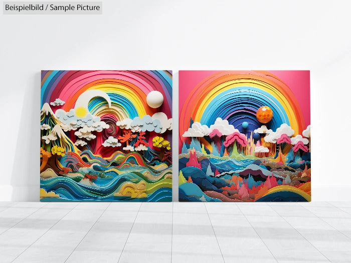 Two colorful 3D abstract art pieces with rainbow arcs, clouds, waves, and layered landscapes on a gallery wall.