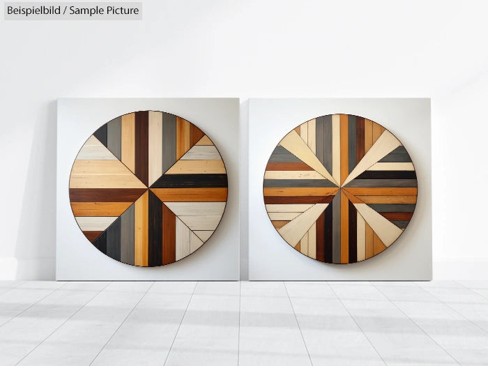 Two wooden circular wall art pieces with geometric patterns in natural tones, displayed on white background.