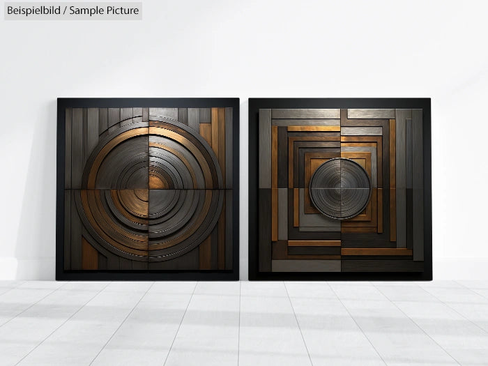 Modern geometric art with concentric circles and rectangles in brown and gray tones, displayed on a white wall.