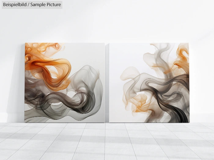 Two abstract paintings with orange, grey swirls on white canvas, displayed on a light floor background.