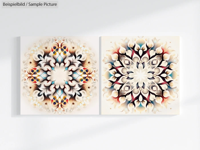 Two mandala paintings with intricate patterns in warm tones on a light background.