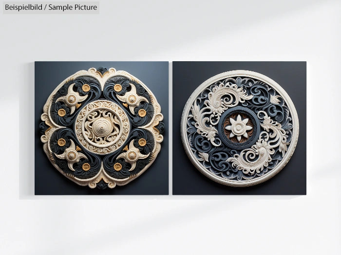 Two intricate circular carvings with floral and spiral patterns in black and white tones displayed on a grey wall.