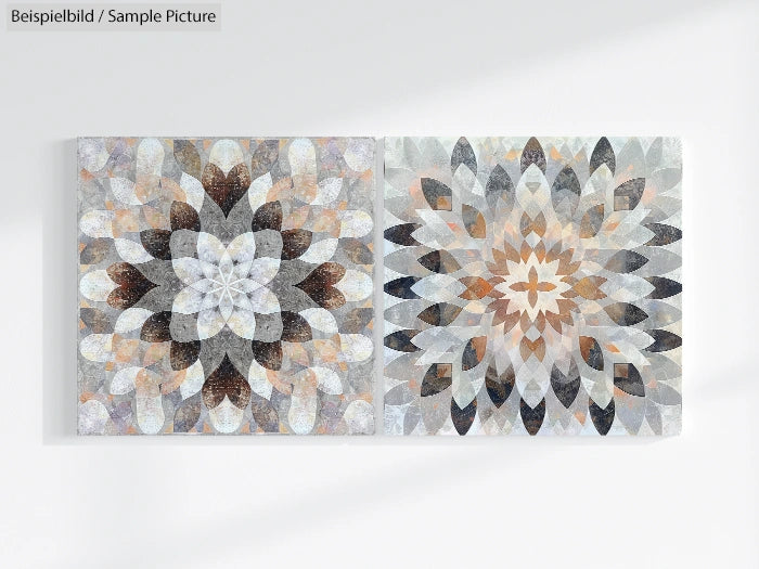 Two abstract geometric art pieces with floral patterns in muted tones of brown, gray, and white.