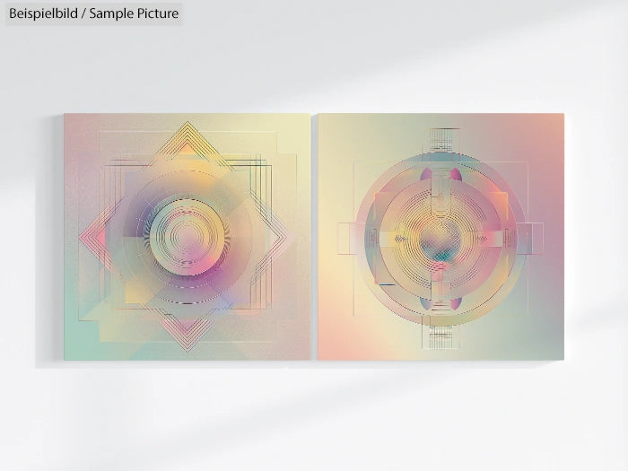 Geometric abstract art with pastel circular patterns on two panels.