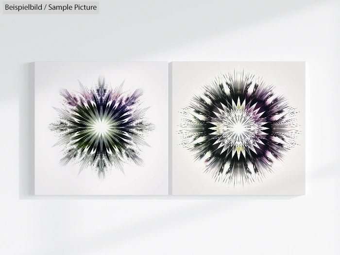 Abstract art with symmetrical starburst patterns in black, white, and purple on two square canvases.