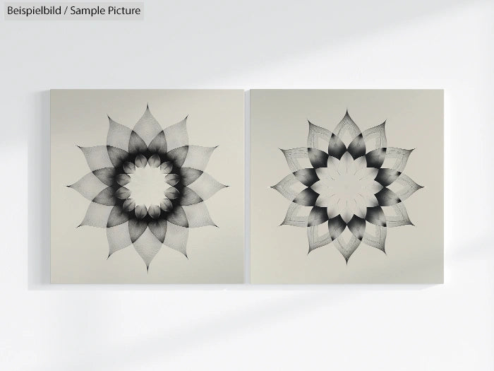 Two grayscale geometric floral designs on separate canvases hung side by side on a white wall.