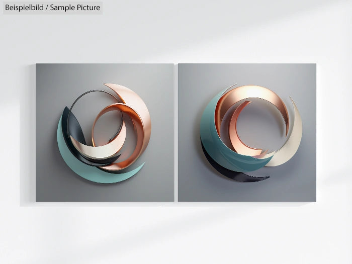 Abstract circular sculptures with metallic and pastel colors on a light gray background.