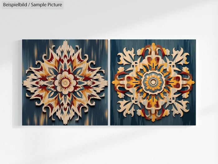 Two ornate wooden mandala designs with intricate patterns on a textured blue background.