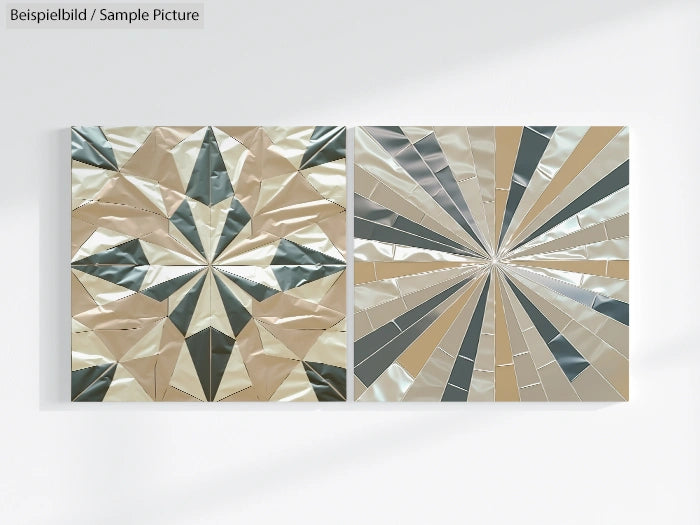 Two geometric metallic artworks with starburst patterns in silver and gold tones, displayed on a wall.