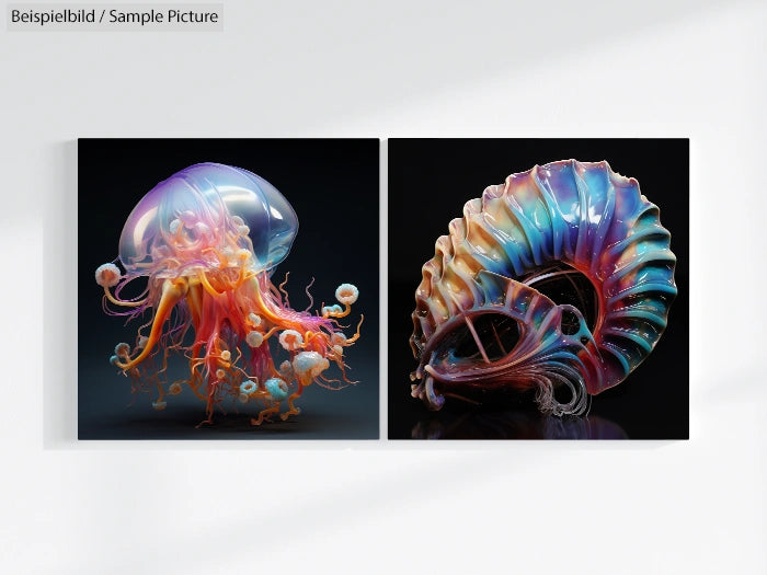 Digital art of a colorful jellyfish and nautilus shell displayed side by side against a black background.