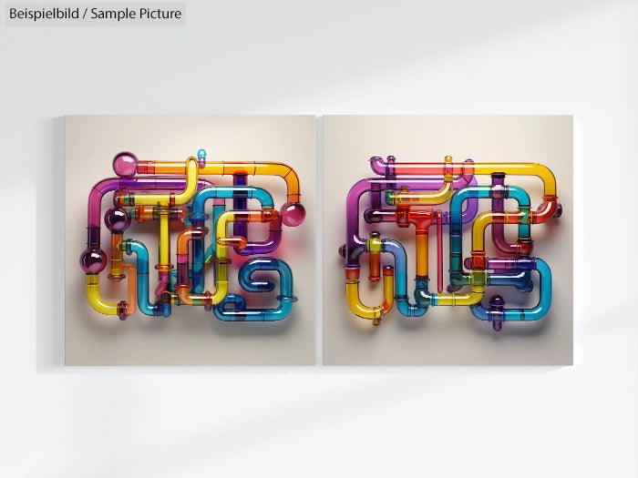 Colorful abstract art with interwoven, translucent pipes against a white background.