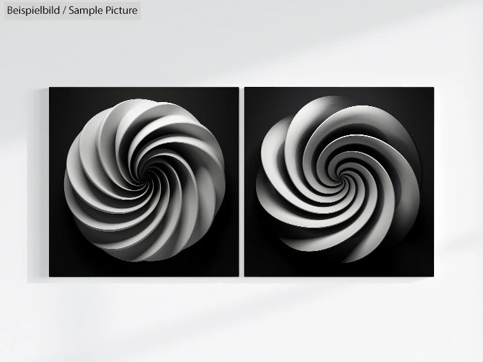 Two black and white spiral patterns with a 3D effect on a wall.