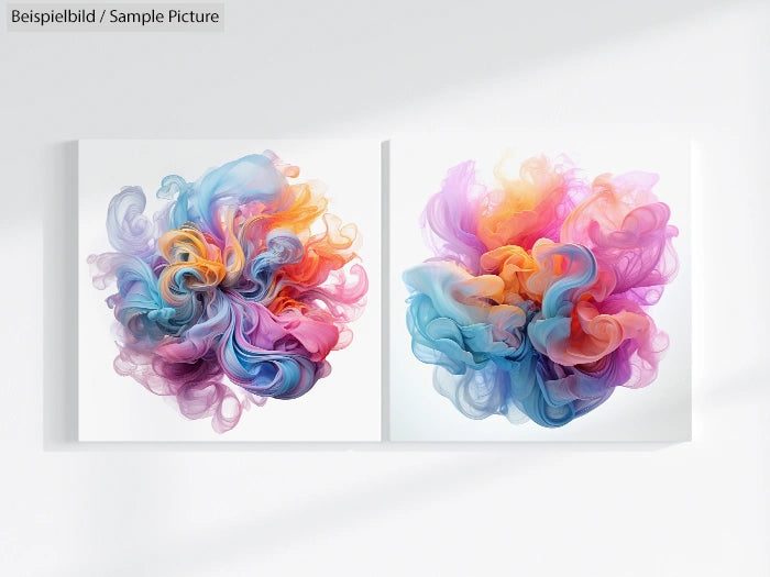 Two abstract paintings with vibrant swirls of pink, blue, orange, and purple on a white background.