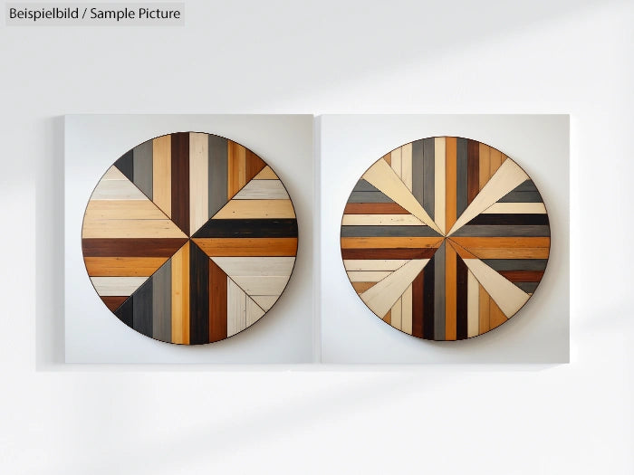 Two round wood mosaic artworks with geometric patterns in various natural wood tones, displayed on a white wall.