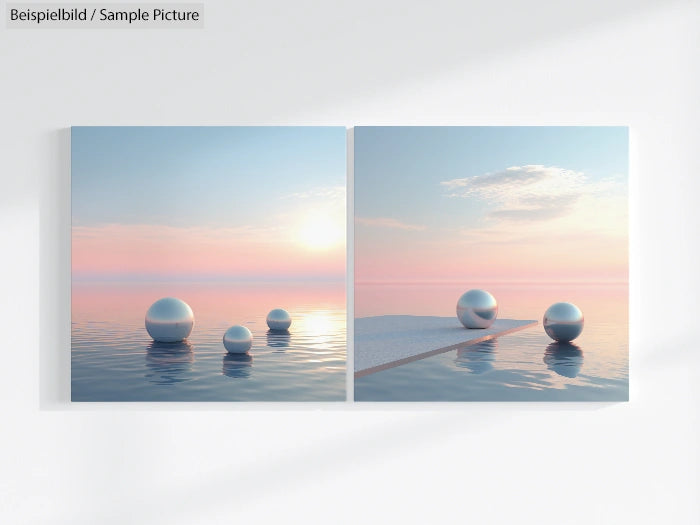 Two-panel artwork featuring floating spheres on a serene pink and blue water surface under a soft cloudy sky.