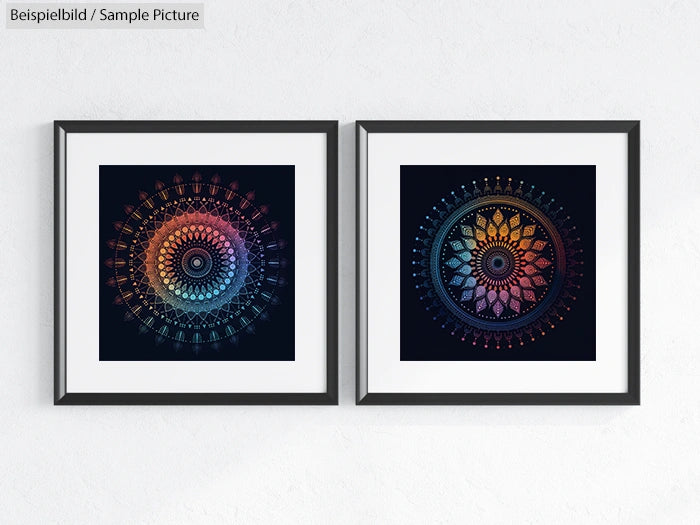 Two framed abstract mandala art pieces with intricate geometric patterns and gradient colors.