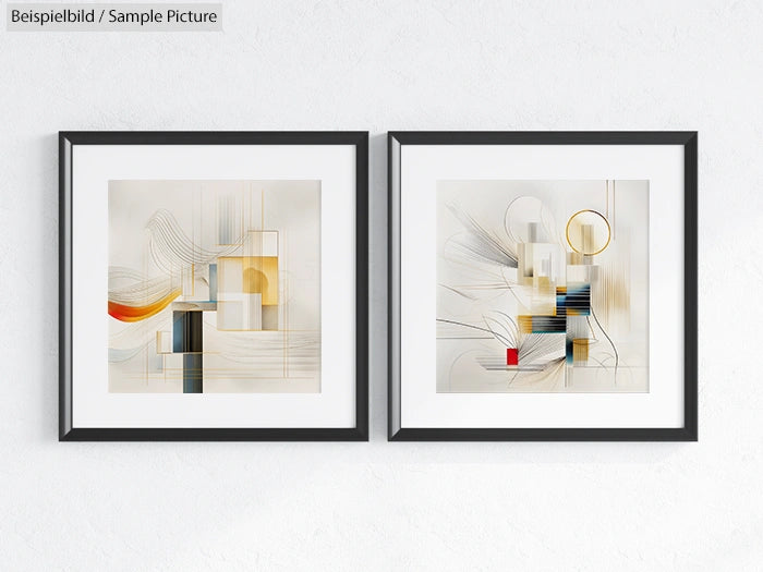 Two modern abstract paintings with geometric shapes in neutral tones, framed and hung on a white wall.