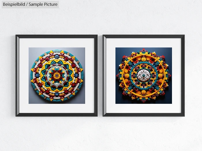 Two framed mandala artworks made from colorful LEGO pieces, displayed on a white wall.