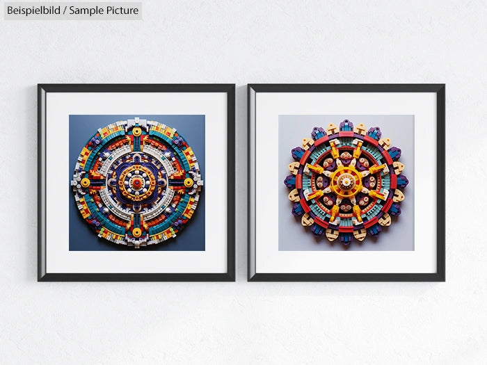 Two framed artworks of colorful, intricate Lego mandalas displayed on a white wall.