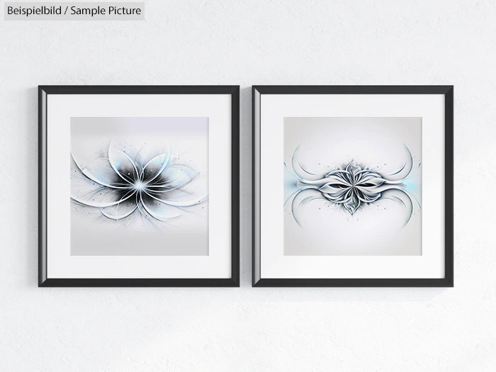 Two framed abstract prints with symmetrical floral designs in soft grey and blue tones on a white wall.