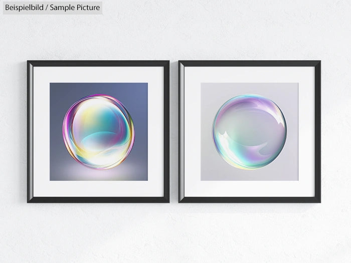 Two framed artworks of translucent bubbles displayed on a wall.