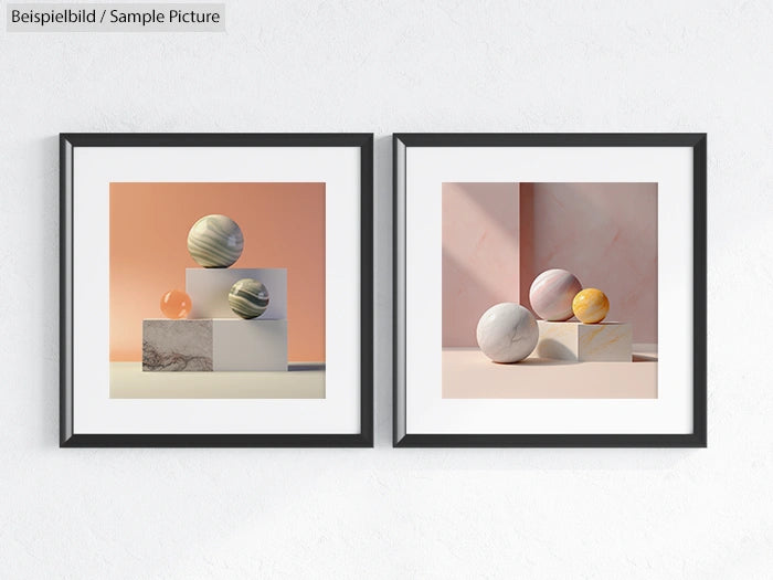 Two framed art prints featuring spheres on geometric shapes against pastel backgrounds.