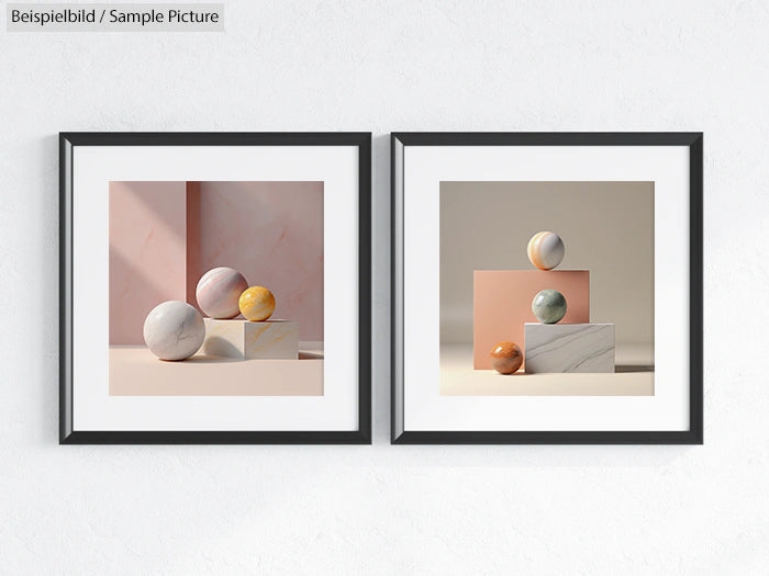 Two framed prints of marble spheres and cubes on pastel backgrounds, displayed on a light wall.