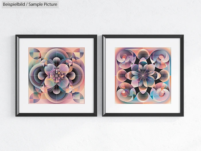 Two framed geometric art pieces with colorful abstract designs in pastel shades on a white wall.