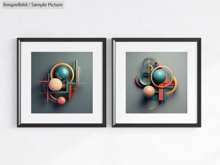 Two framed abstract geometric artworks with colorful spheres and lines on a gray background.