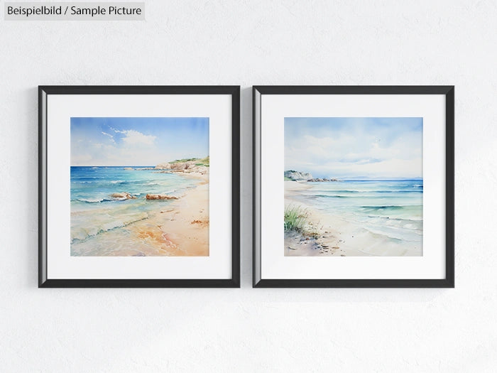 Two framed watercolor paintings of serene beach landscapes with blue skies and gentle waves, hanging side by side on a wall.