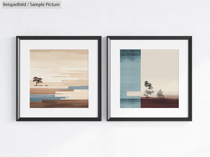 Two framed abstract landscape prints on a wall, featuring trees and geometric patterns in earth tones and muted colors.