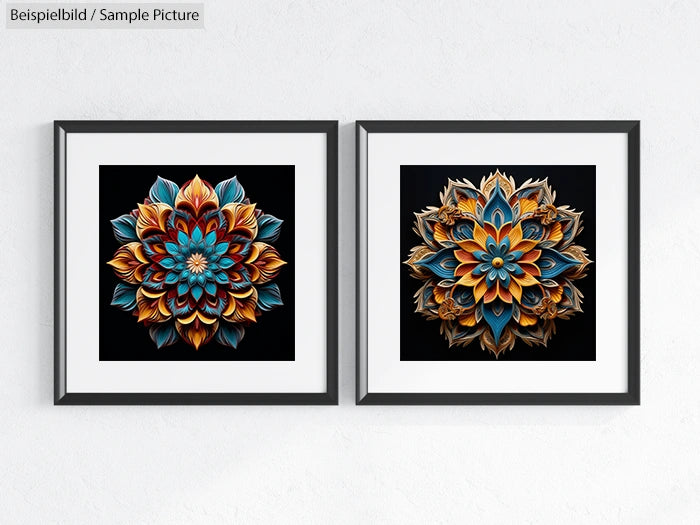 Two framed mandala art pieces in blue, orange, and gold colors on a white wall.